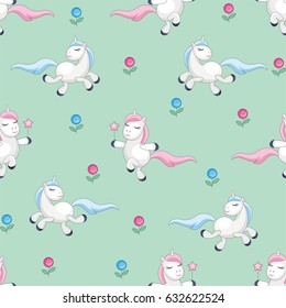 Fairy children seamless pattern with the image of cute unicorns. Colorful vector background