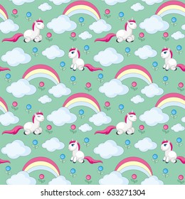 Fairy children seamless pattern with the image of cute unicorns. Colorful vector background