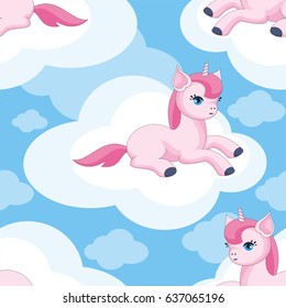 Fairy children seamless pattern with the image of cute unicorns. Colorful vector background