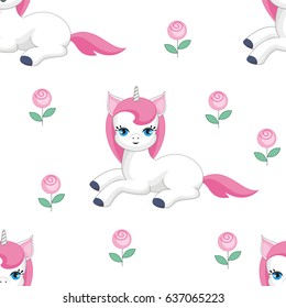 Fairy children seamless pattern with the image of cute unicorns. Colorful vector background