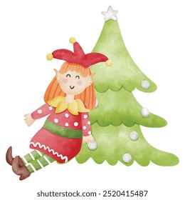 Fairy Christmas hand draw watercolor vector design, New year Fairy teal 