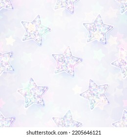 Fairy Christmas Seamless Pattern. Holographic Foil Glitter Stars. Neon Bokeh. Cute Princess Texture. Unicorn Shiny Background. Vector Illustration.