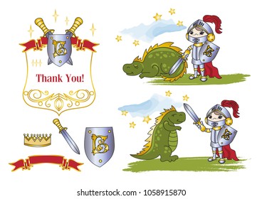 Fairy Clip Arts LITTLE KING Color Vector Illustration Magic Fairyland Cartoon Hero Medieval Cute Dragon Castle Kingdom Knight, Prince, Crown, Diamond Tales Scrapbooking Print Card Album Photo Babybook