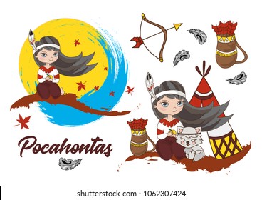 Fairy Clip Arts POCAHONTAS Color Vector Illustration Magic Fairyland Cartoon Indian Princess Doll Wigwam Arrows Bow Cat Tale Picture Beauty Scrapbook Print Cards Album Photo Babybook Adventure Girl