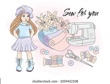Fairy Clip Arts SEW FOR YOU Color Vector Illustration Magic Fairyland Cartoon Sewing Machine Girl Baby Flower Picture Textile Scissors Handmade Pink Beige  Scrapbooking Print Card Album Photo Babybook