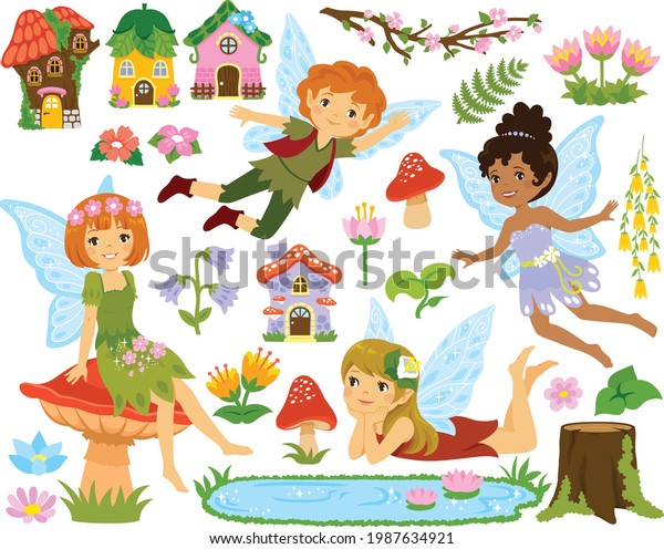 Fairy clipart set. Collection of cartoon\
fairies, fairy houses and forest elements.\
