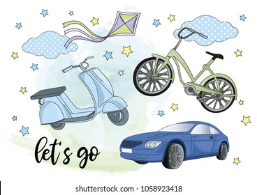 Fairy Clipart TRANSPORT Blythe Doll Color Vector Illustration Magic Fairyland Cartoon Beauty Adventure Magic Gift Kite Bicycle Motorcycle Pictures Scrapbooking Print Card Album Photo Babybook