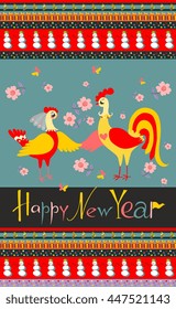 Fairy cockerel and hen  - symbol of 2017 year. Chinese New Year of the Rooster. Beautiful vector illustration can be used for cards, covers, packaging. 