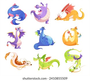 Fairy Colored Dragons as Winged and Horned Legendary Creature Vector Set