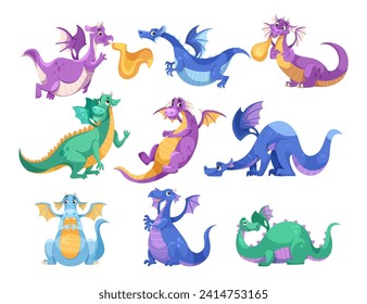 Fairy Colored Dragons as Winged and Horned Legendary Creature Vector Set