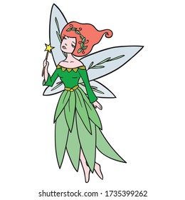 Fairy colored freehand drawing, Pretty flying girl nymph with wings sketch, cute pixie with a magic wand illustration, coloring page image