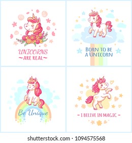 Fairy colorful character unicorn birthday poster. Sweet pink fairytale magic motivational unicorns on rainbow cloud from happy dreams printable posters vector set