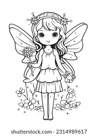 Fairy coloring book page for kids with simple details