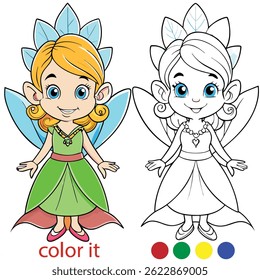 A fairy coloring book page for kids with simple details. A cute cartoon little fairy blows a fairy for coloring on a white background