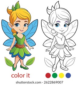 A fairy coloring book page for kids with simple details. A cute cartoon little fairy blows a fairy for coloring on a white background