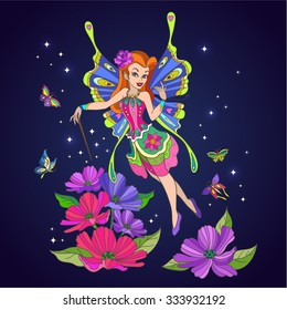 Fairy coloring book with sparkles and magic wand. Outlined beautiful fairy isolated on  blue background. Vector illustration of cute girl  butterfly. Fashionable princes fairy with wings and flowers.