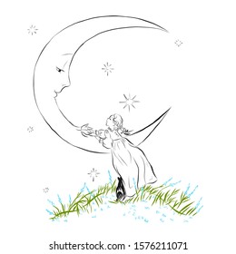 Fairy coloring - girl dressed in a nightgown hold hands with moon. Black cat sit beside to her. Children's dream. 