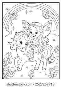 Fairy coloring page of a cute princess fairy and her unicorn. children's coloring books and educational materials.