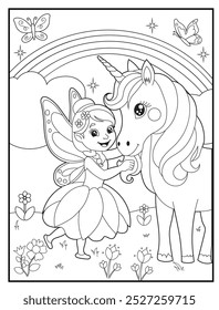 Hada para colorear de una linda princesa hada y su unicornio. libros para colorear para niños y materiales educativos.