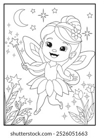 Fairy coloring page featuring a cute princess fairy waving her magic wand: children's activity books and educational materials.