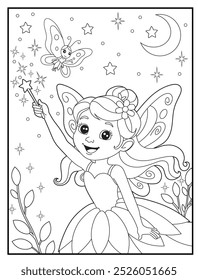 Fairy coloring page featuring a cute princess fairy waving her magic wand: children's activity books and educational materials.