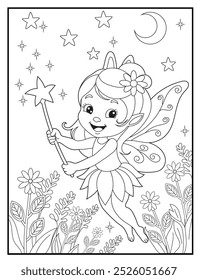 Fairy coloring page featuring a cute princess fairy waving her magic wand: children's activity books and educational materials.