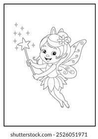 Fairy coloring page featuring a cute princess fairy waving her magic wand: children's activity books and educational materials.
