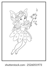 Fairy coloring page featuring a cute princess fairy waving her magic wand: children's activity books and educational materials.