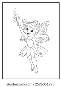 Fairy coloring page featuring a cute princess fairy waving her magic wand: children's activity books and educational materials.