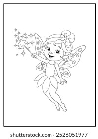 Fairy coloring page featuring a cute princess fairy waving her magic wand: children's activity books and educational materials.