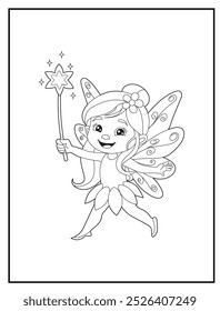 Fairy coloring page featuring a cute princess fairy waving her magic wand. children's coloring books and educational materials.