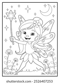 Fairy coloring page featuring a cute princess fairy waving her magic wand. children's coloring books and educational materials.