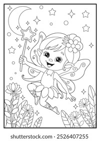 Fairy coloring page featuring a cute princess fairy waving her magic wand. children's coloring books and educational materials.