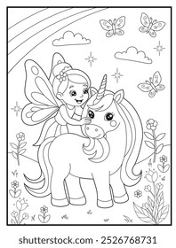 Página de coloração de fadas com uma fada princesa bonito com seu unicórnio em um belo jardim de flores. livros de coloração das crianças e materiais educativos