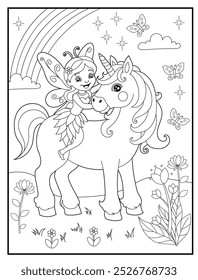 Fairy coloring page featuring a cute princess fairy with her unicorn in a beautiful flower garden. children's coloring books and educational materials