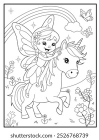 Página para colorear de hadas con una linda princesa hada con su unicornio en un hermoso jardín de flores. libros para colorear para niños y materiales educativos