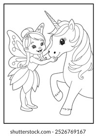 Fairy coloring page featuring a cute princess fairy with her unicorn. children's coloring books and educational materials