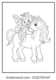 Fairy coloring page featuring a cute princess fairy with her unicorn. children's coloring books and educational materials