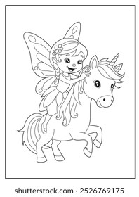 Fairy coloring page featuring a cute princess fairy with her unicorn. children's coloring books and educational materials