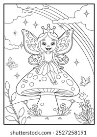 Fairy coloring page featuring a cute princess fairy sitting on a big mushroom. children's coloring books and educational materials.