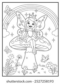 Fairy coloring page featuring a cute princess fairy sitting on a big mushroom. children's coloring books and educational materials.