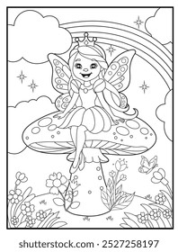 Fairy coloring page featuring a cute princess fairy sitting on a big mushroom. children's coloring books and educational materials.