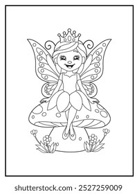Fairy coloring page featuring a cute princess fairy sitting on a big mushroom. children's coloring books and educational materials.