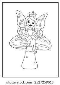 Fairy coloring page featuring a cute princess fairy sitting on a big mushroom. children's coloring books and educational materials.