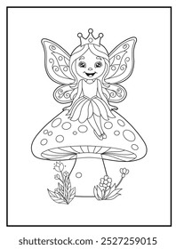 Fairy coloring page featuring a cute princess fairy sitting on a big mushroom. children's coloring books and educational materials.