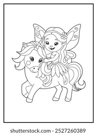 Página para colorear de hadas con una linda princesa hada y sus libros para colorear y materiales educativos para niños unicornio.