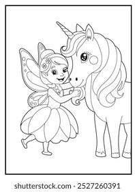 Página para colorear de hadas con una linda princesa hada y sus libros para colorear y materiales educativos para niños unicornio.