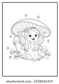 Fairy coloring page featuring a cute princess fairy sitting under a big mushroom. children's activity books and educational materials.