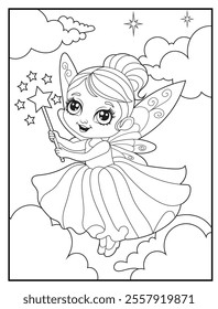 Fairy coloring page featuring a cute fairy waving her magic wand.  Printable Cute Fairy Cartoon Characters for Children's Activity Books
