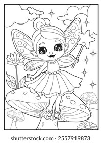 Fairy coloring page featuring a cute fairy waving her magic wand.  Printable Cute Fairy Cartoon Characters for Children's Activity Books
